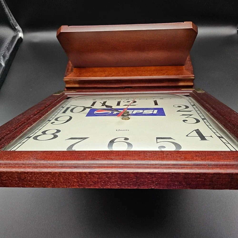 Vintage Pepsi Wall Clock w/ Cherrywood Frame & Matching Tablet/Phone Stand Works